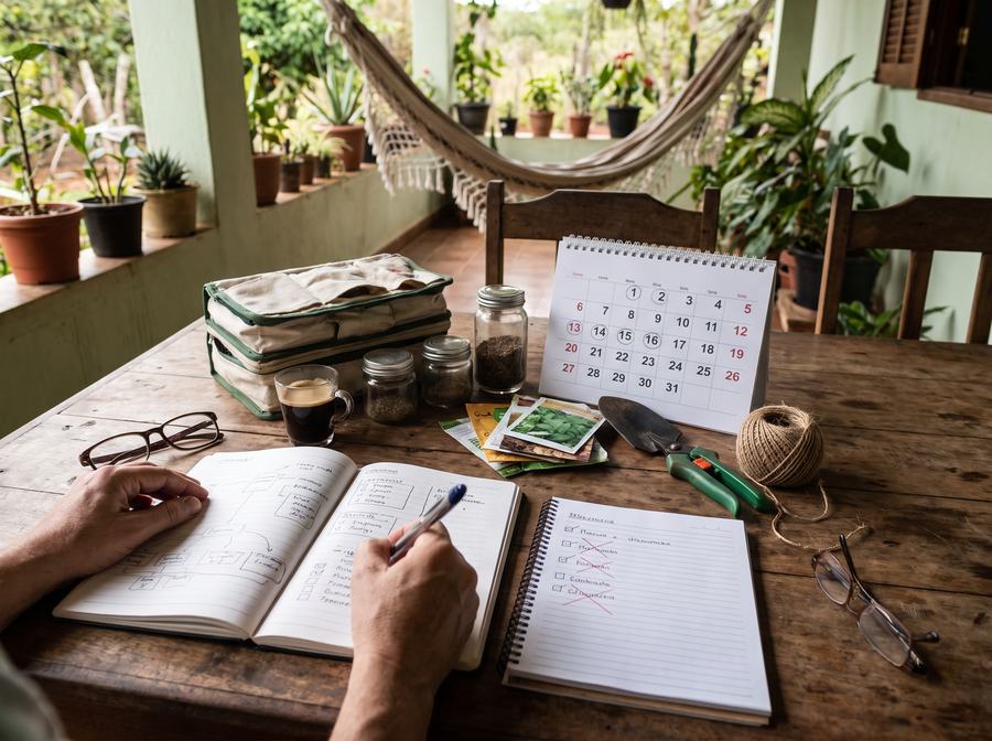 Calendário de parede, sementes e caderno de planejamento sobre a mesa