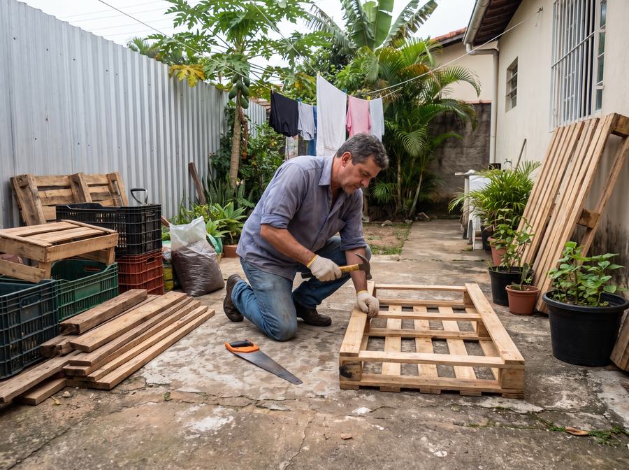 Homem construindo uma estrutura simples com madeira de pallet reaproveitada no quintal