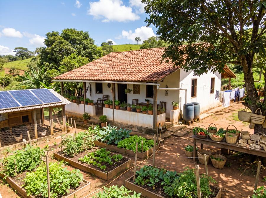 Casa de fazenda com painéis solares e canteiros produtivos ao redor