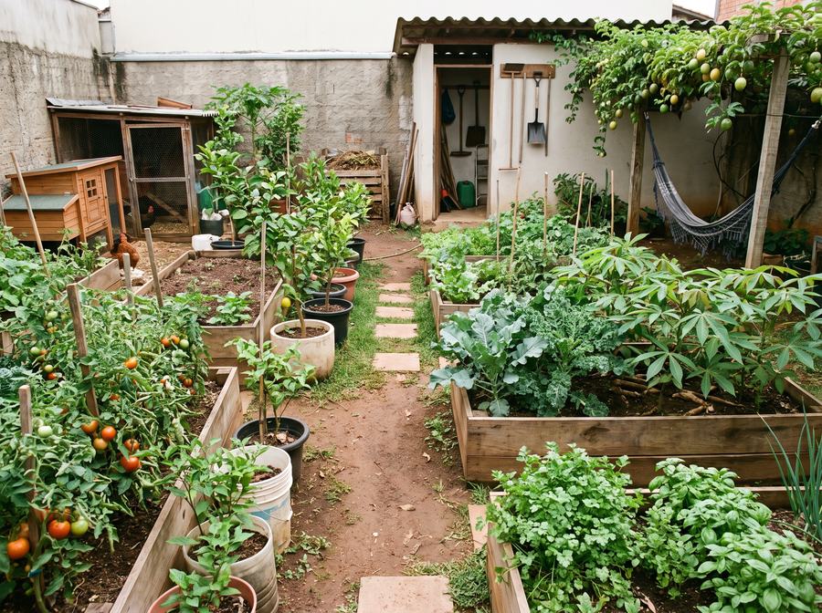 Quintal urbano com canteiros de hortaliças e galinheiro