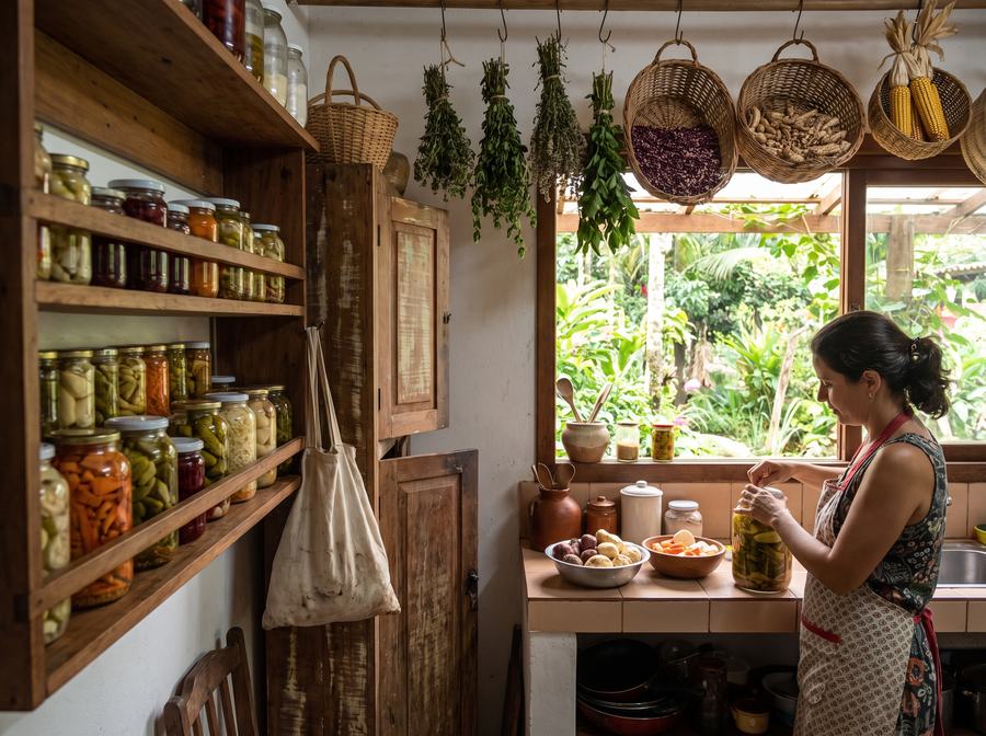 Mulher preparando conservas em uma cozinha rústica com potes de vidro