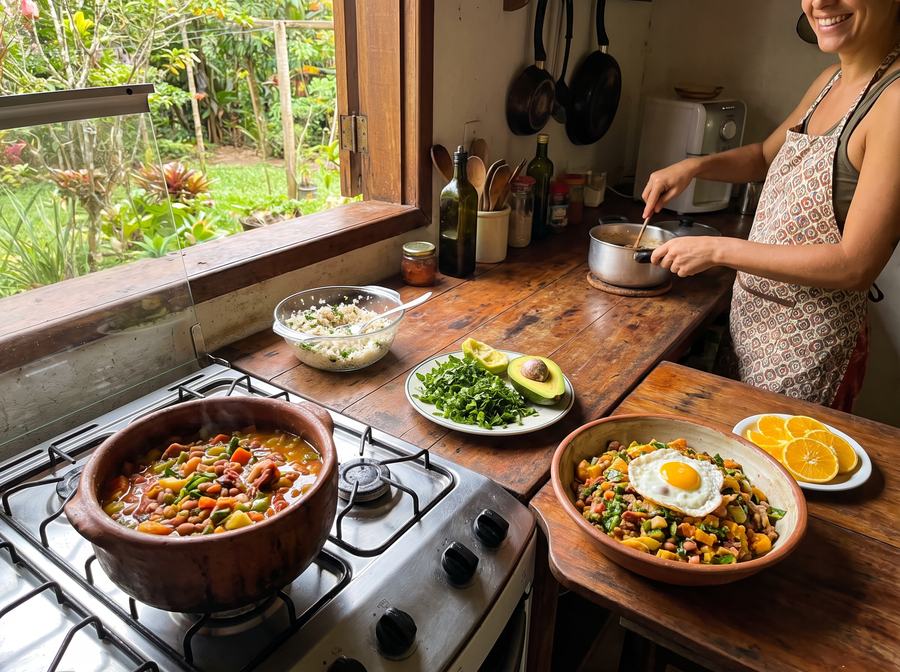Refeição sendo preparada no fogão com panela de barro e legumes frescos