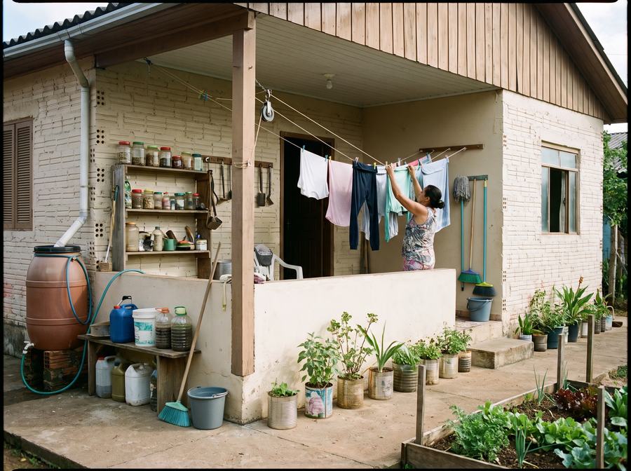 Varanda simples com roupas no varal, barril de água da chuva e prateleira de produtos de limpeza