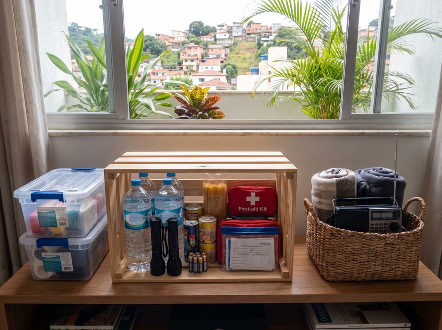 Caixote de madeira com água, kit de primeiros socorros e itens de preparação doméstica