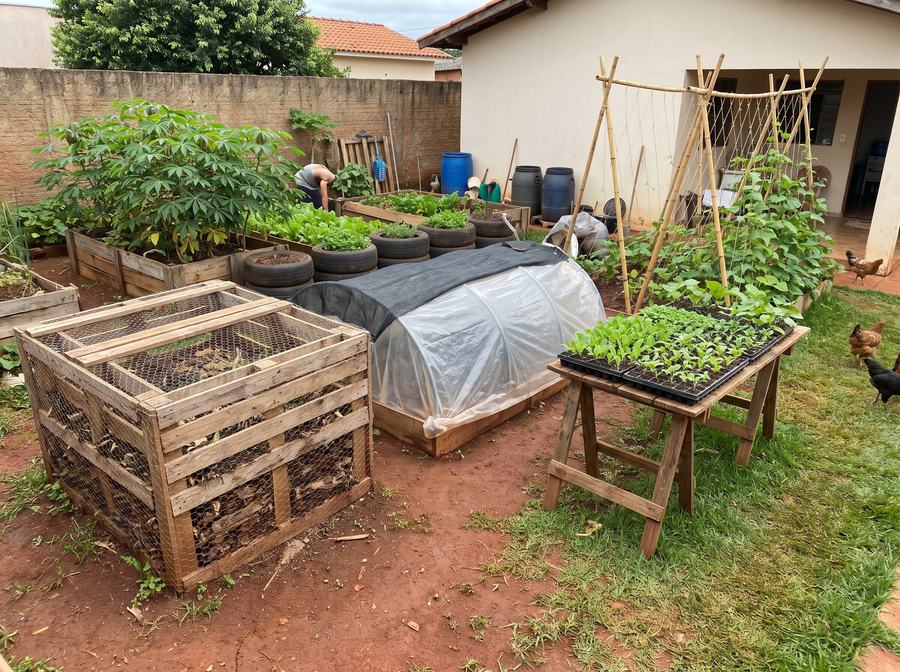 Composteira artesanal, minhocário e mesa de mudas em um quintal simples