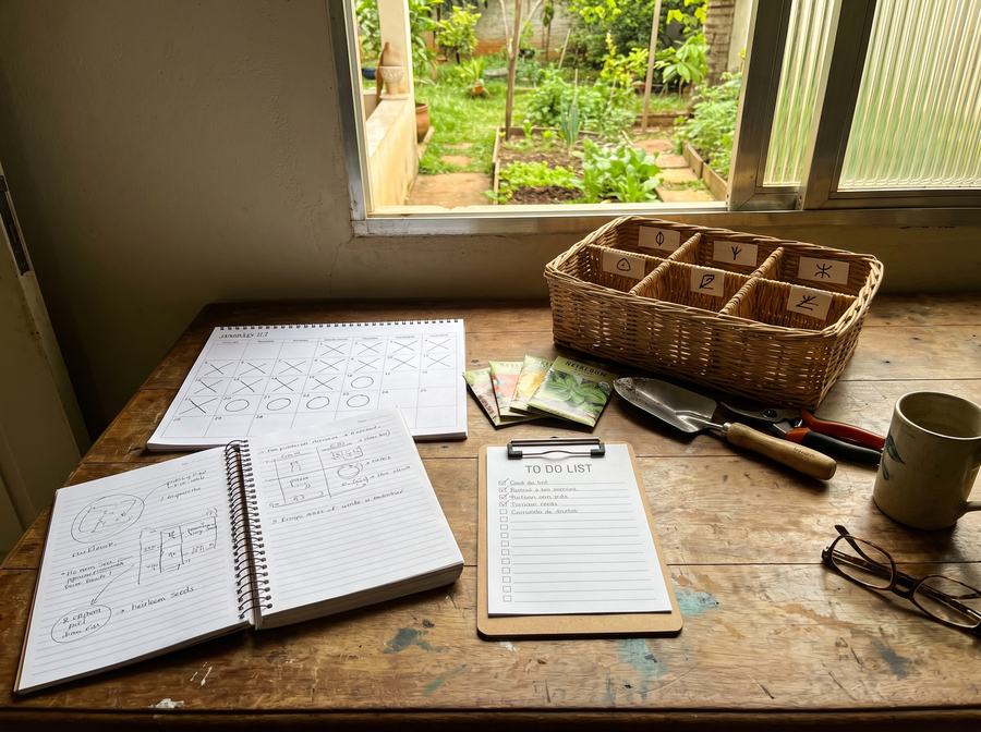 Caderno de planejamento aberto sobre a mesa com vista para o quintal