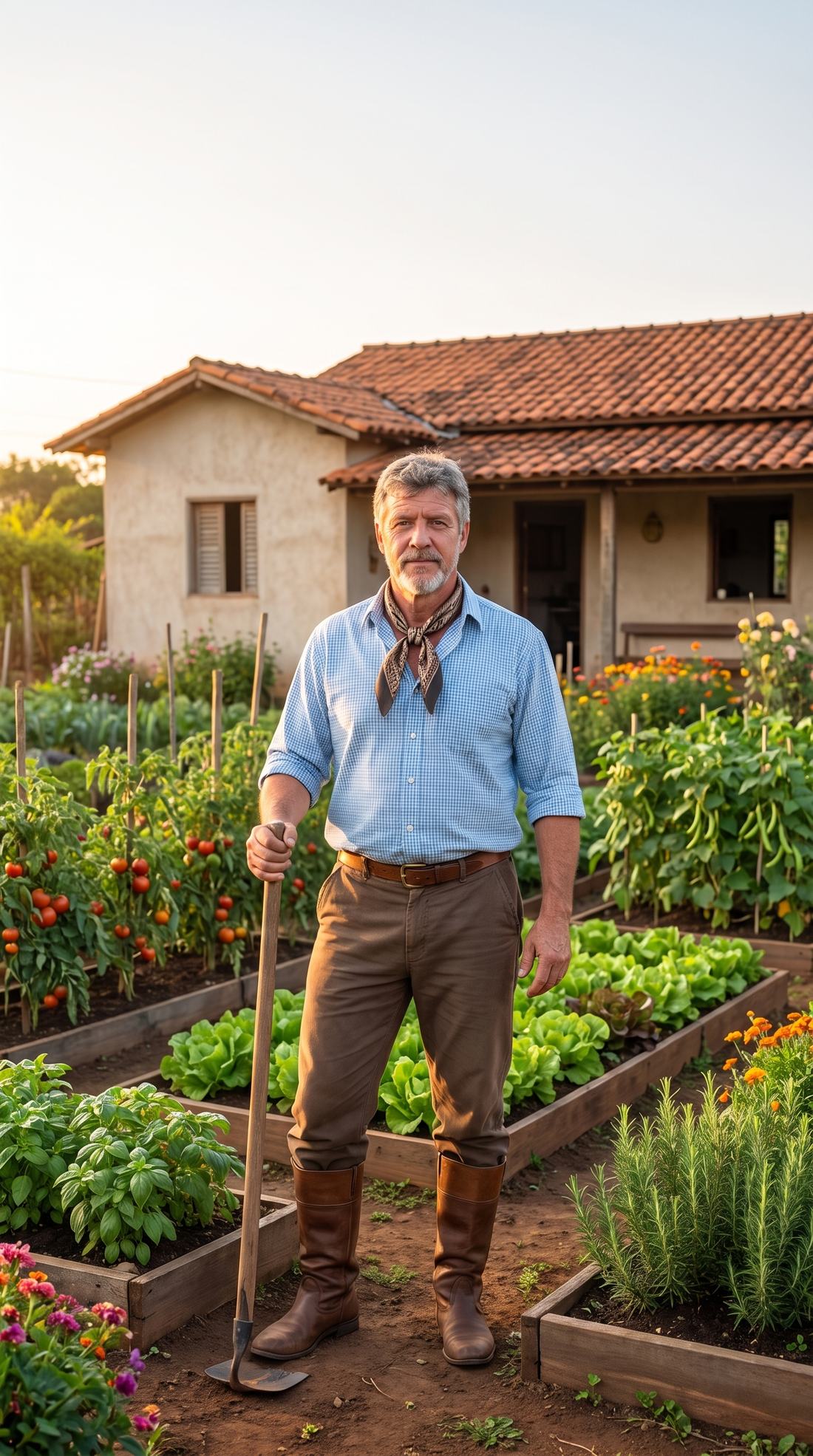Bento Silveira em pé em um quintal produtivo, ao lado de canteiros de hortaliças, com uma casa de fazenda ao fundo