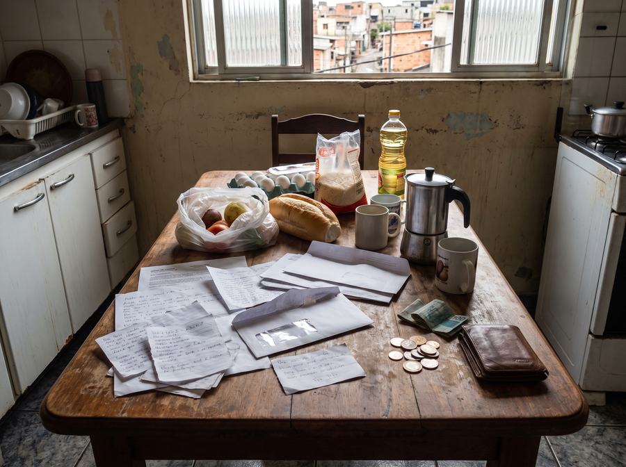 Contas, recibos e moedas espalhados sobre a mesa de uma cozinha simples
