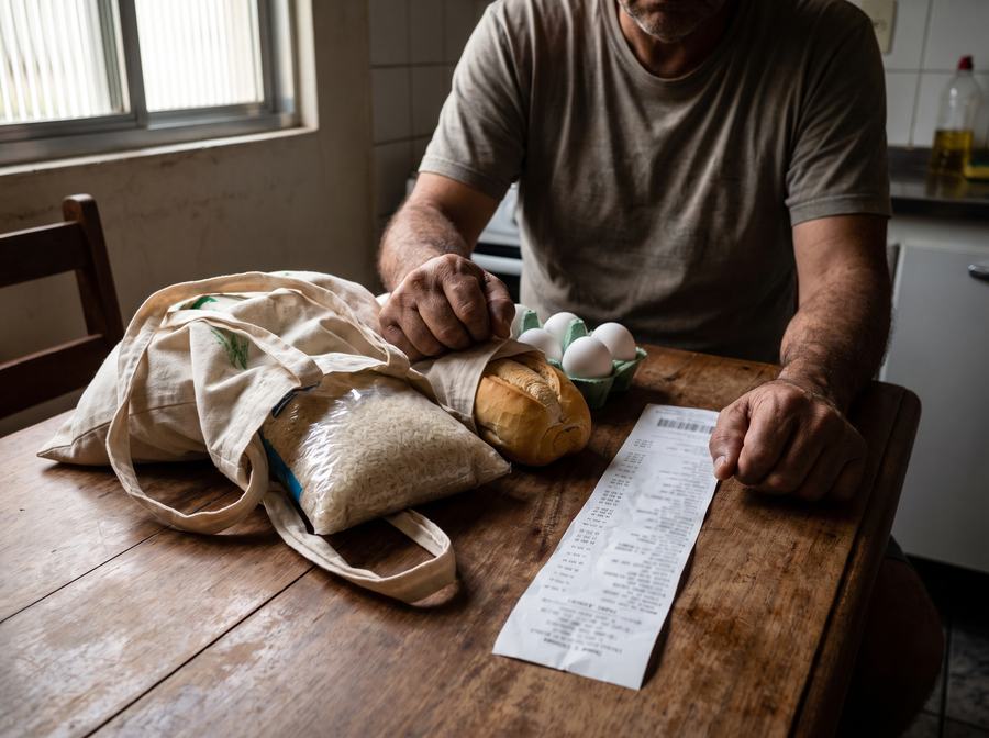 Sacola de compras com arroz e pão ao lado de uma longa nota fiscal sobre a mesa da cozinha