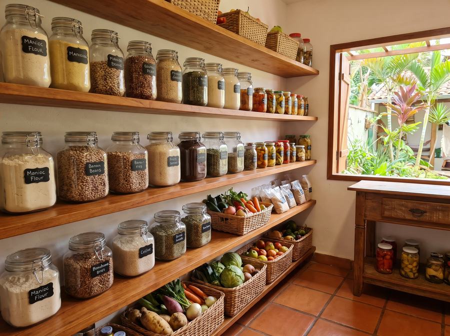 Despensa organizada com potes etiquetados e cestas de vegetais frescos