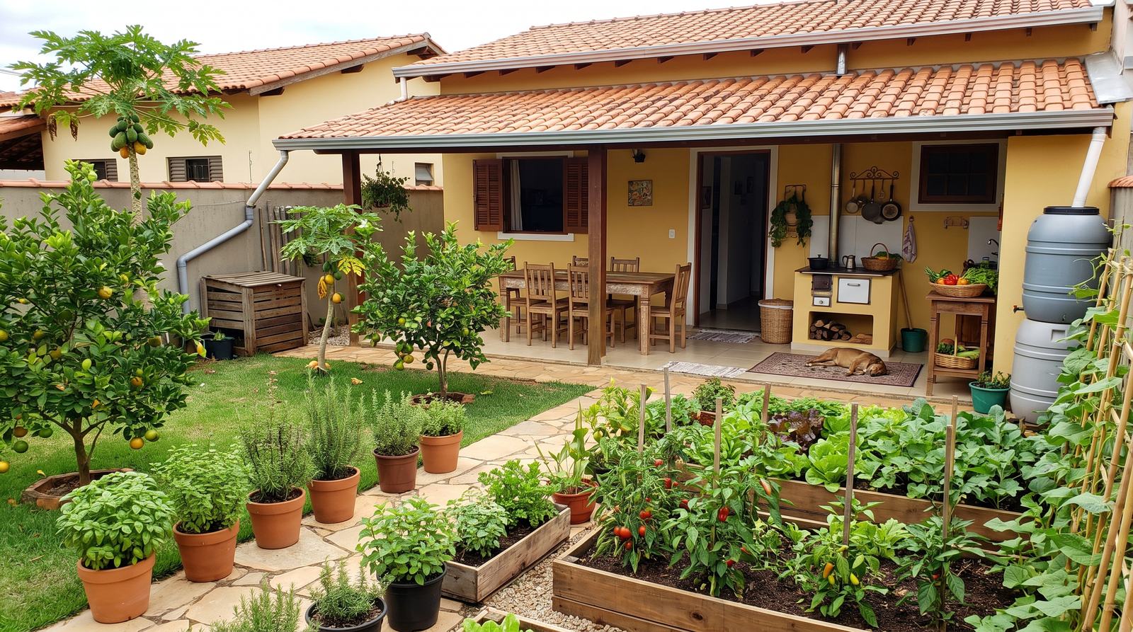 Casa simples brasileira com quintal produtivo cheio de canteiros, horta e um pequeno reservatório de água